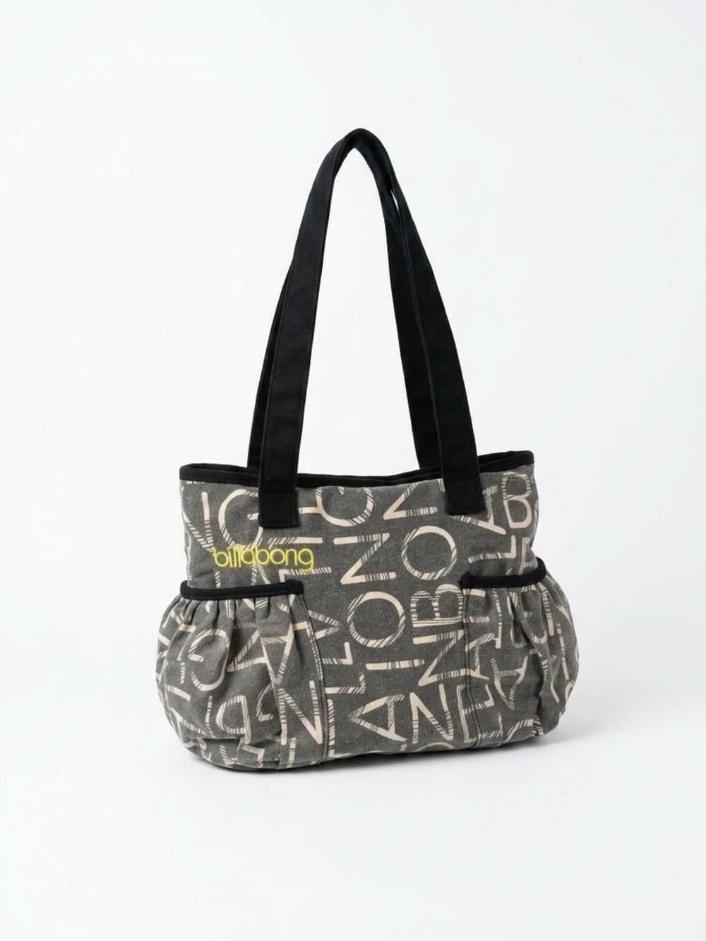 Billabong Canvas Logo Tote Gray Cream Print Yellow Lining Surf Casual Bag
